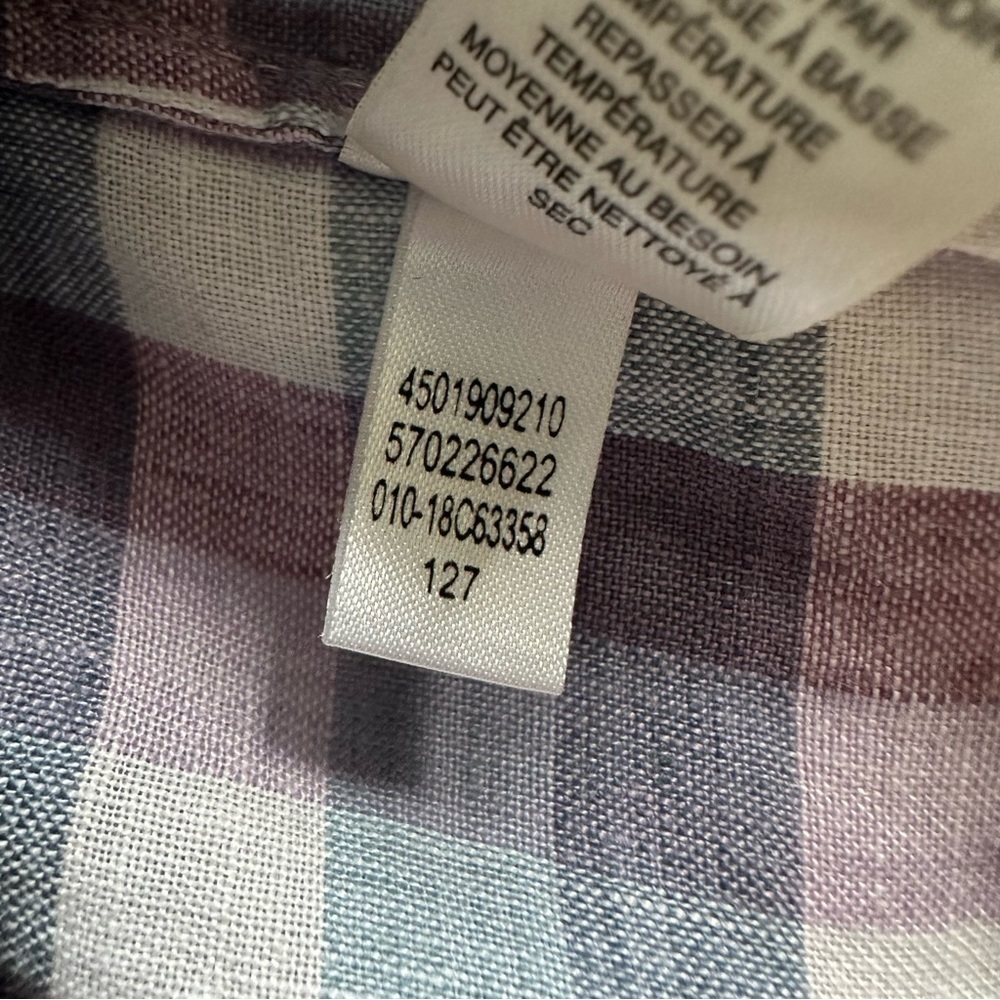 Chico’s Size 3 Crochet-Detail Gingham Linen Popover Top Purple Boho Peasant - Picture 10 of 13